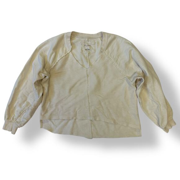 Anthropologie Pilcro Cream Long sleeve V-Neck Raw hem crop Sweatshirt Size Small - Picture 1 of 9
